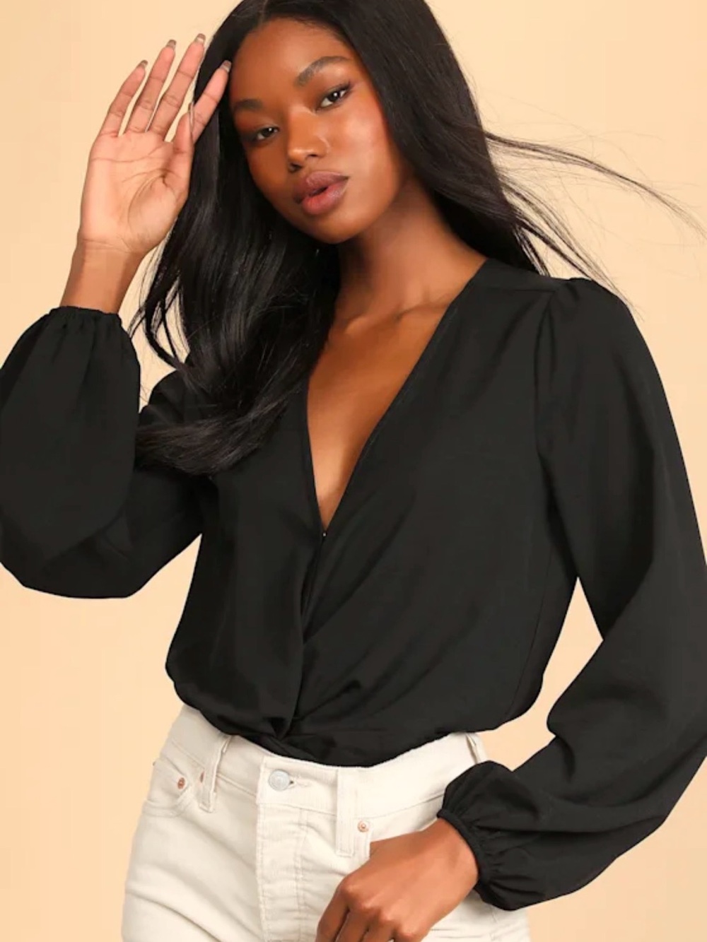 LULUS Women’s Twisty Business Black Twist-Front Long Sleeve V-Neck Top Size L